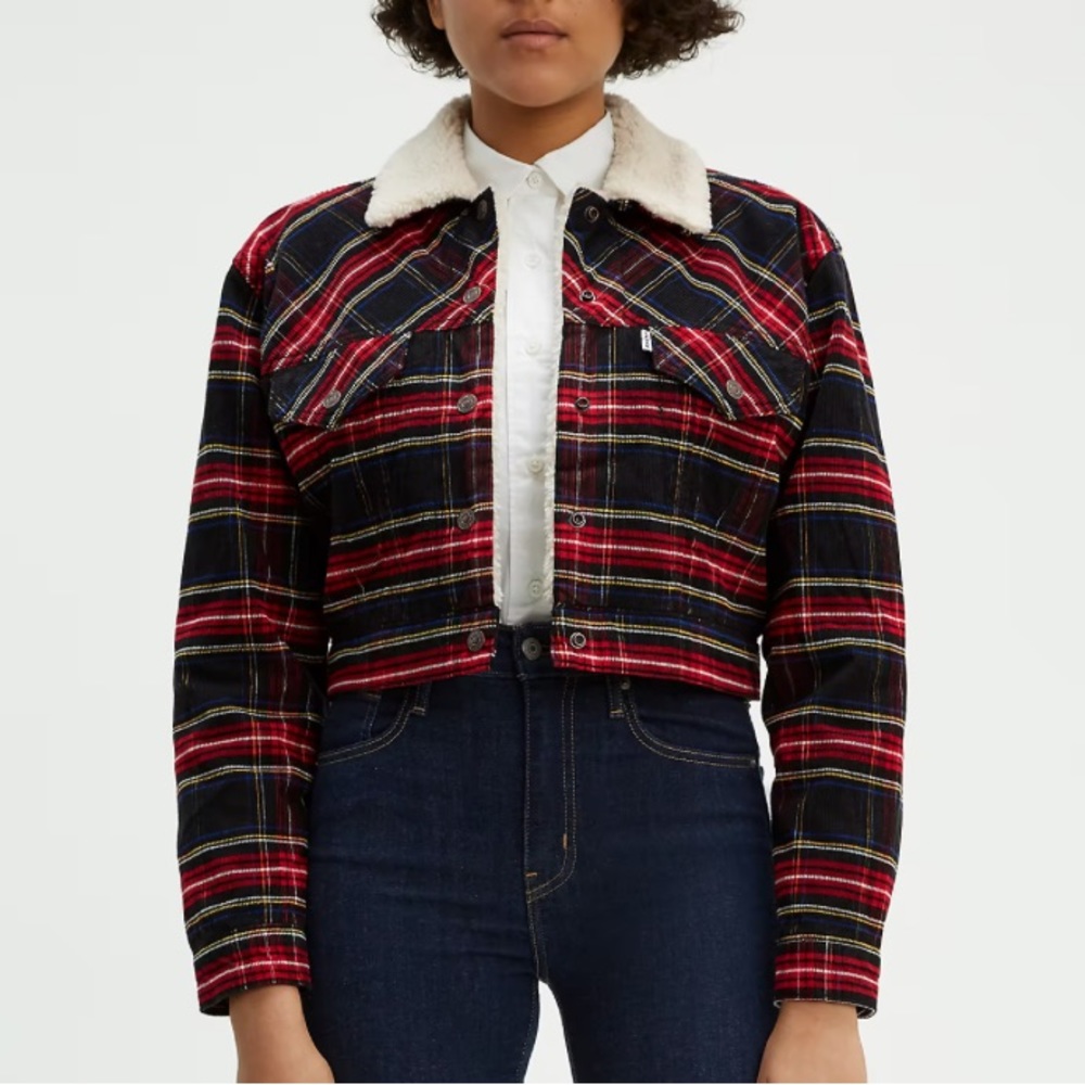 Levi’s cropped corduroy plaid trucker jacket Sherpa lined size large red black
